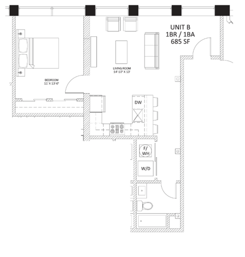 Floor plan for 1 bed, 1 bath